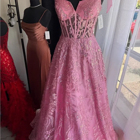 Pink Beaded Corset Dress with Bow Straps - Picture 5 of 7